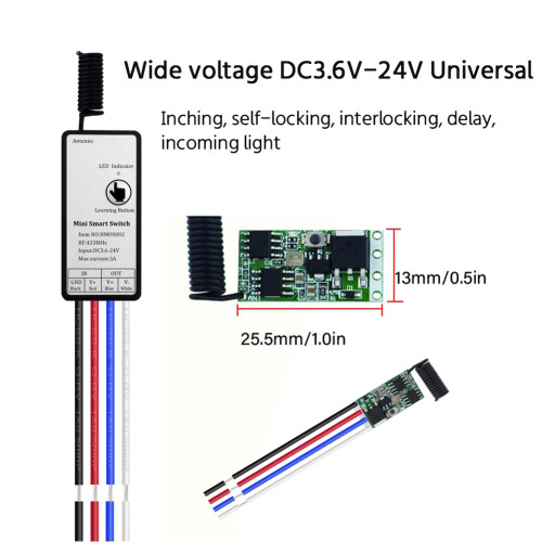 Wireless Remote Control RF 433Mhz Relay Receiver  3.6V 6V 12V 1CH Module for LED Lamp Light DIY 1