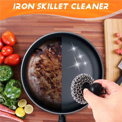 Cast Iron Cleaner Chainmail Scrubber, Upgraded Handle Cast Iron Scrubber Brush 316 Chain Mail Scrubber 1