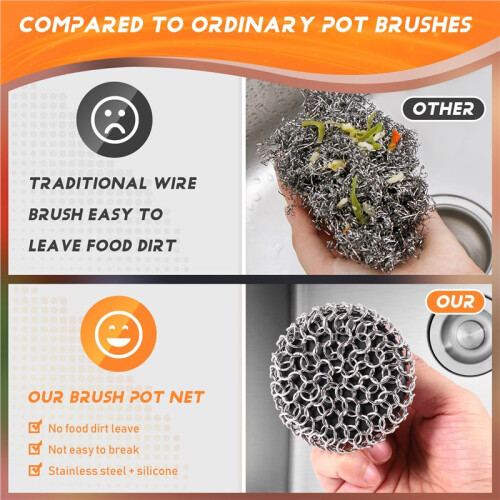 Cast Iron Cleaner Chainmail Scrubber, Upgraded Handle Cast Iron Scrubber Brush 316 Chain Mail Scrubber 2