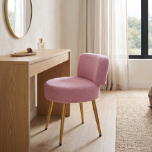 Pinkish Purple Teddy Fleece Round Vanity Stool, Upholstered Dressing Table Chair with Gold Metal Adjustable Legs & Small Backrest