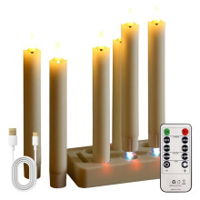 Ładowane Świeczki LED w Kształcie Taper z Pilotem i Timerem, Zestaw 6 Sztuk z Stacją Ładującą, Migoczące Ciepłe Światło 3D-Wick