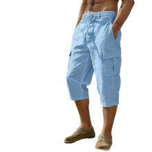 (Khaki,XL)Mens Breathable Cotton Cargo Pants With Drawstring Waist For Urban Casual Wear