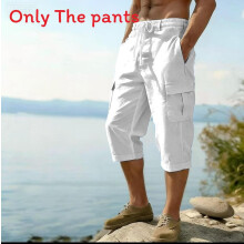 (White,L)Mens Breathable Cotton Cargo Pants With Drawstring Waist For Urban Wear Casual