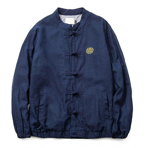 (M, navy) Vintage Single-breasted Flax Man Plus Size Coat