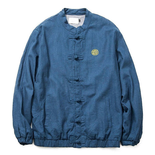 (4XL, ake bluel) Vintage Single-breasted Flax Man Plus Size Coat