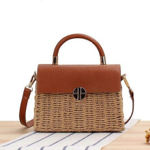 (Beige) Ladies Messenger Leather Flip Crossbody Bag Summer Vacation Straw Woven Bag