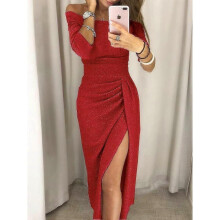 (2XL, red) Women's Hip Slit Evening Dress Skirt Sparkling Neck Dress