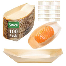 100 Set Wooden Disposable Plates Boat Plates Food Trays Disposable Dessert Plates Disposable Food Boats