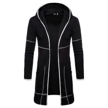 (2XL, black) Men's Long Cardigan Jacket Slim Fit Cardigan Long Hooded Jacket