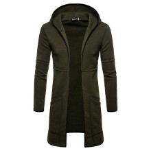 (M, green) Men's Long Cardigan Jacket Slim Fit Cardigan Long Hooded Jacket