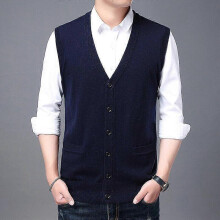 (M, Navy) Men's Sweater Vest 100% Cashmere Wool Blended V Neck Sleeveless Button Cardigan