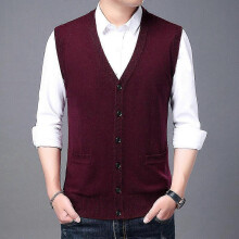 (L, Red) Men's Sweater Vest 100% Cashmere Wool Blended V Neck Sleeveless Button Cardigan