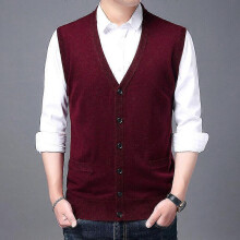 (L, Wine Red) Men's Sweater Vest 100% Cashmere Wool Blended V Neck Sleeveless Button Cardigan