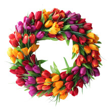 Couronne de fleurs artificielles pour porte d'entrée, couronne de tulipes artisanale avec feuilles vertes, idéale pour le printemps et l'été, la