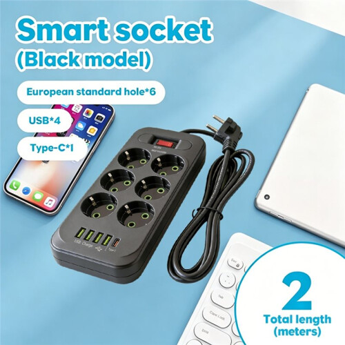 11 in 1 EU Plug Power Strip Surge Protector Master  2500W 2M Cable with 6 AC Outlets 4 USB 1 Type-C 2