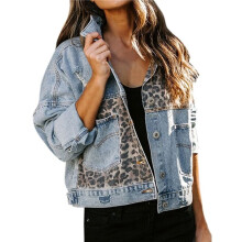Womens Button Down Distressed Leopard Denim Jean Jacket Washed Long Sleeve Ripped Cheetah Jean Coat M