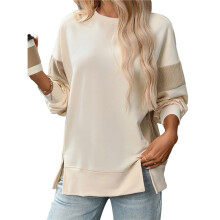 Women'S Casual Oversized Sweatshirt Crew Neck Color Block Loose Pullover Tops Side Slit Apricot XXL
