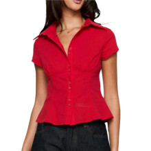 Women Y2k Short Sleeve Button Shirt Lapel Collar V Neck Plaid Open Front Blouse Basic Casual Going Out T-Shirt Red S