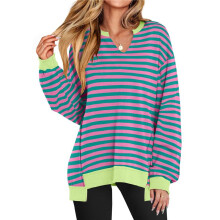 Women'S Oversized Sweatshirts Long Sleeve Shirts V Neck Loose Pullover 2025 Trendy Fall Outfit Rose Red Stripes L
