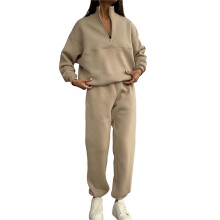 Completo Tuta da Donna Composto da 2 Pezzi In Pile, Felpa con Mezza Zip e Pantaloni da Jogging, Tuta Sportiva Cachi XL