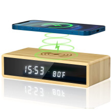 Réveil, chargeur sans fil Qi, design en bois, commande vocale, chargeur sans fil rapide, ports de chargement USB pour la chambre, bambou naturel (V)