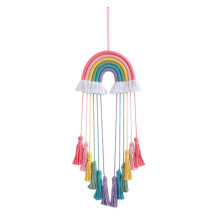 Décoration murale en macramé, tapisserie tissée à la main avec de longs pompons et des accents arc-en-ciel, art mural durable et résistant à la