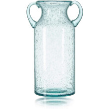 Vase décoratif moderne en verre soufflé à la main gris avec anse, idéal pour la décoration intérieure.