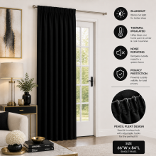 (Black Pencil Pleat-66"x84") Thermal Blackout Ready Made Curtains Room Divider Door Curtain - Single Panel