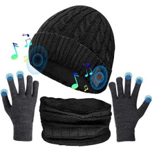 Bluetooth 5.0 muts, cadeau voor mannen en vrouwen, zwart, draadloze wintermuts met USB-stereo, ingebouwde microfoon, sjaal en handschoenen