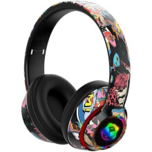 Opvouwbare draadloze Bluetooth stereo hoofdtelefoon met graffiti-design en LED-verlichting, zwart