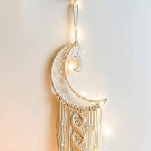 Bohemian macrame wall hanging with LED light, knitted cotton moon dreamcatcher wall tapestry