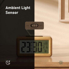 Digitale wekker, houten wekker op batterijen met groot lcd-scherm, datum, temperatuur, automatische lichtsensor en snooze-functie.