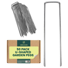 Green Haven Garden Pegs – 50 Pack Galvanised U Shaped Ground Staples – Heavy Dut