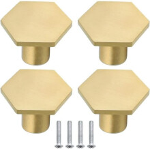 4 stuks messing zeshoekige knoppen 34 mm massief, met één gat en schroeven, messing handgreep voor kast-, dressoir- en kastdeur (goud)