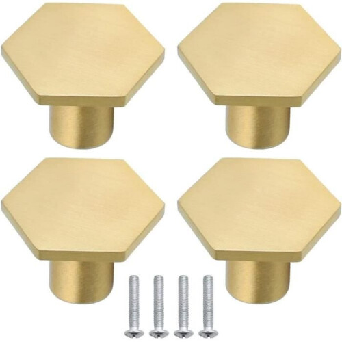 4 PCS Brass Hexagon Knobs 34mm Solid Single Hole Knobs with Screws Brass Handle for Cabinet Dresser Cupboard Door (Gold)