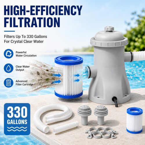 Denash 330 Gallons Ground Pool Filter Pump, Powerful Pool Cartridge Filter Pump, 2