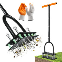 Saker Lawn Aerator Tool, Lawn Aerator with 15 Iron Spikes, Automatic Leaf and Dirt Cleaning with Spring-Loaded Design