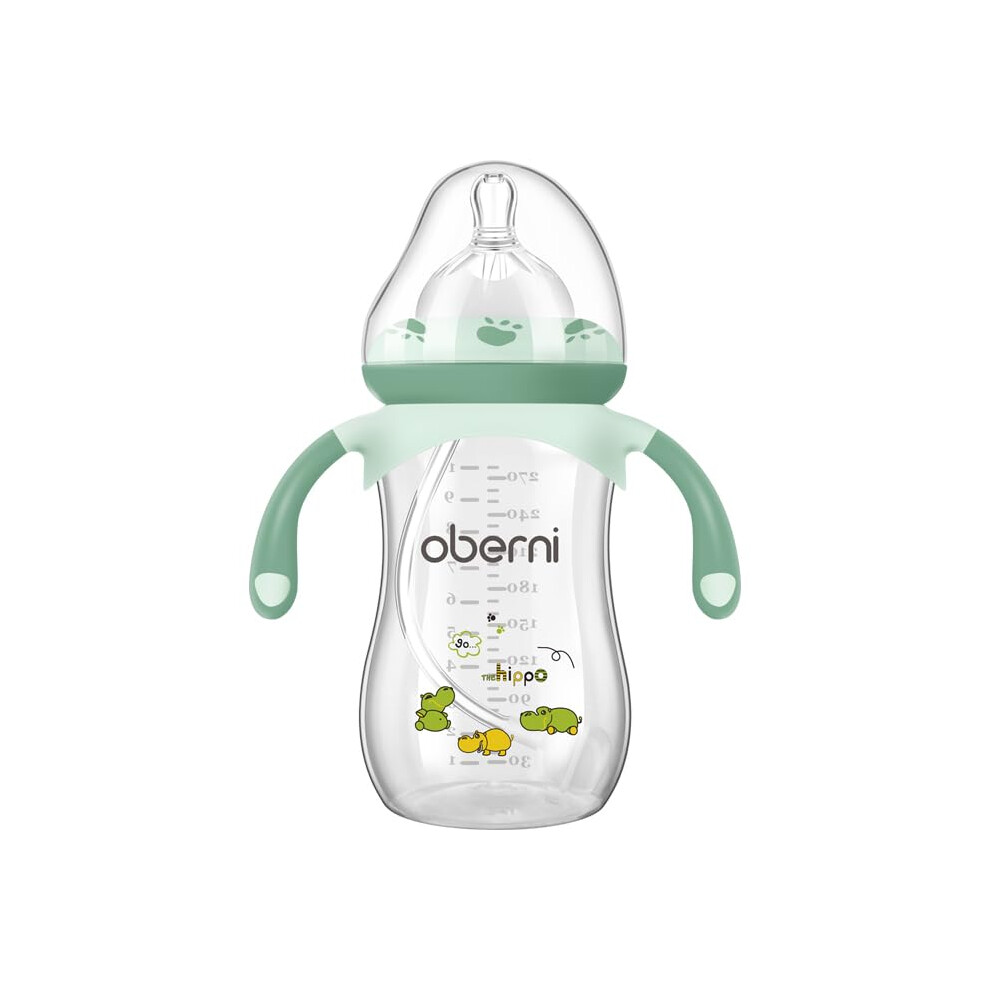 Oberni Anti-Colic Baby Bottle With Size 4 Breast-Like Teat, Non-Slip Handles, Weighted Straw For 12 Months Newborn Babies, 270Ml/9Oz/Green/1Pack