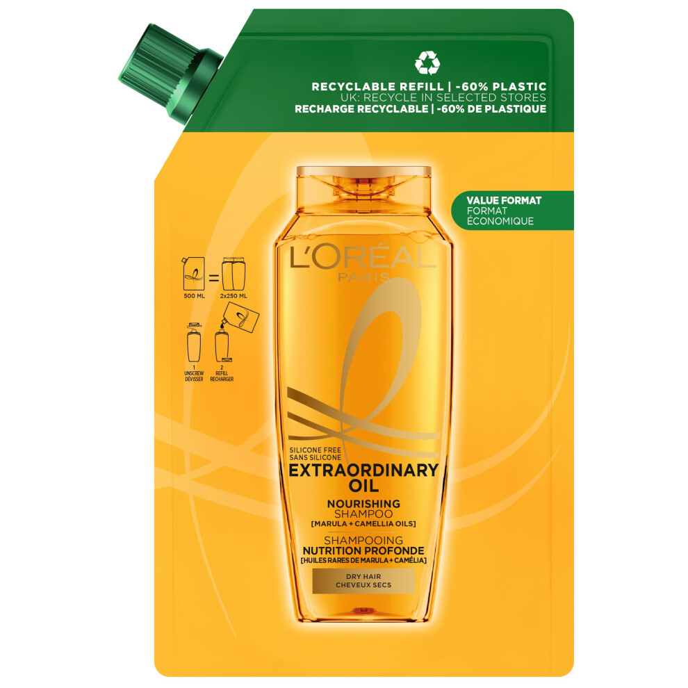 Photos - Hair Product LOreal L'OrÃ©al Paris Elvive Extraordinary Oil Nourishing Shampoo Recyclable Refill Pouc 