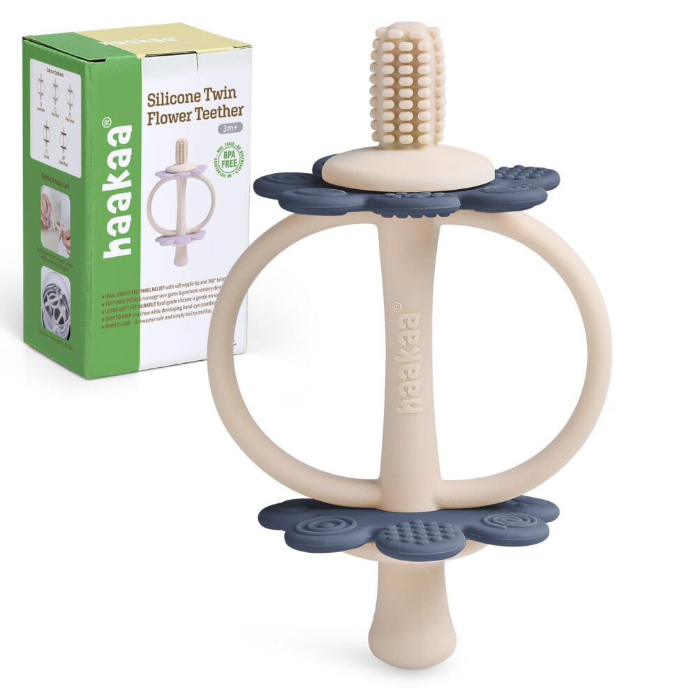 Haakaa Silicone Baby Teether Toy, Flower Chew Toy For Teething Relief & Sore Gums, Easy-Grip Design With 360 Gum Massage Brush, Bpa Free, 3M+, Steel