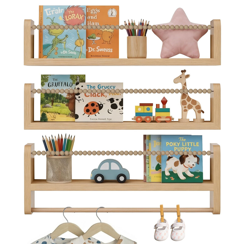 Buntehunde 3 Pack Wooden Wall Mounted Nursery Shelves, 15 Inch Floating Kids Bookshelf, Children Book Display Shelves For Baby Bedroom, Living Room,