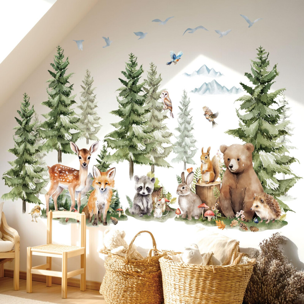 Decowall Large Pine Tree Wall Stickers Mountain Woodland Forest Animal Deer Fox Wall Decals Kids Cozy Room Nursery Bedroom Playroom Decor (Sg4-2422)