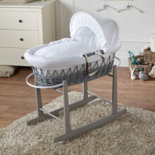 For Your Little One Wicker Moses Basket with Rocking Stand, 83 x 49 cm, Hand-woven Natural, Hypoallergenic Mattress Grey Wicker/Waffle Pattern (White