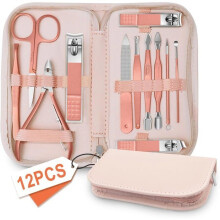 12-in-1-Maniküre-Set – Zehennagel-/Nagelhautknipser – Etui aus roségoldenem Leder – für Reisen/Zuhause.