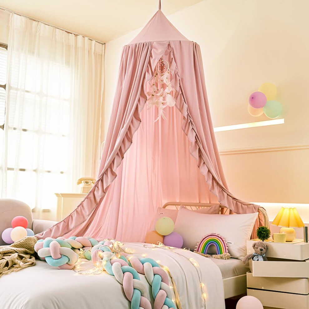 Ziqinpsq Bed Canopy For Girls With Ruffled,Princess Round Dome Children Dreamy Mosquito Net Girls Room Decor Castle Play Tent,Children Reading Nook C