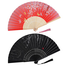 2 Pack Hand Fan, Handmade Silk Folding Fan with Bamboo Ribs and Tassel, Black & Red
