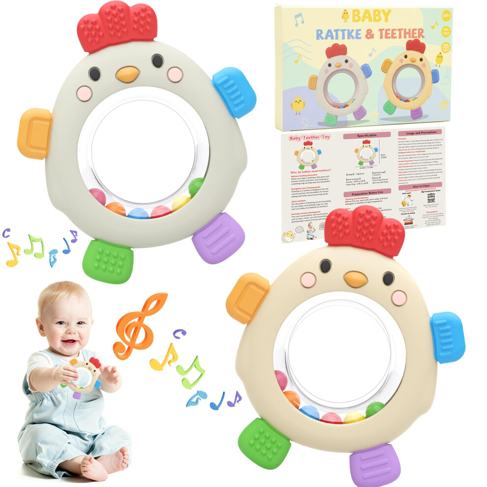 Dzpuhuojz 2 Pack Baby Teething Toys, Cute Chick Silicone Teether Rattle, Bpa Free Teething Relief For Babies 0-12 Months, Easy Grip Sensory Teether, Newborn Ba