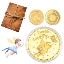 Dewocke Tooth Fairy Gift Set, Gold Fairy Coins for Kids, With Vintage kraft Paper Envelopes and Letter Paper, Tooth Receipts, Ideal First Tooth Souve
