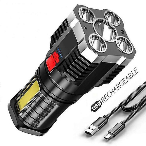 (Silver) LED Super Bright Flashlight Multi-function Rechargeable Outdoor Waterproof Led Long-range Spotlight Battery Display COB Light
