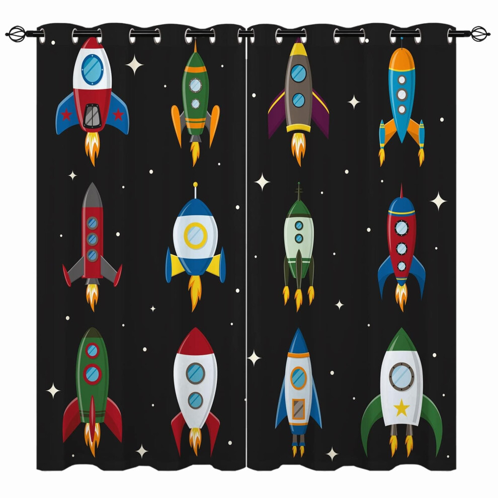 Yuanzu Kids Space Curtains - Boys Cosmic Rocket Ship Outer Space Star Print Pattern Eyelet Blackout Thermal Insulated & Room Darkening Window Drapes
